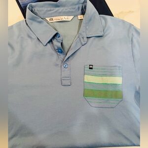 Travis Mathew Blue Polo with Green Stripe & Dotted Pocket, Medium